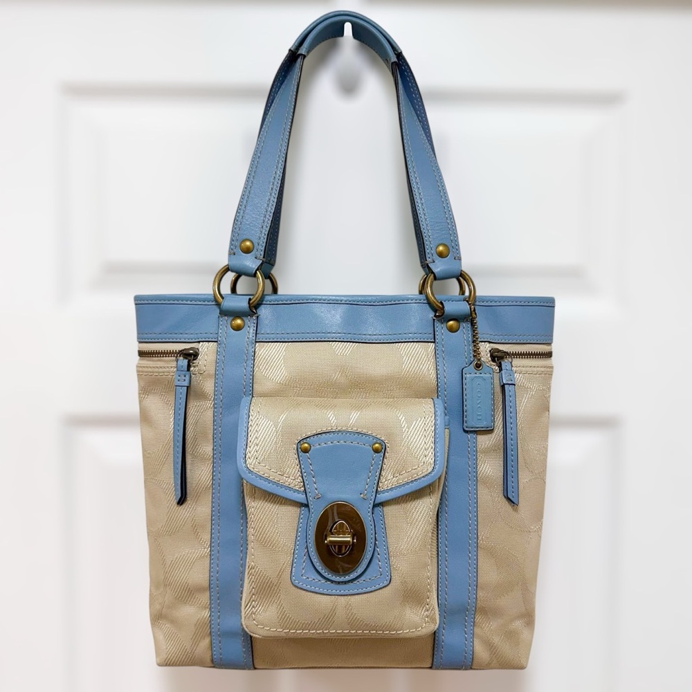 Coach Legacy Gigi Tote Bag Khaki Jacquard Sky Blue Leather Y2K
